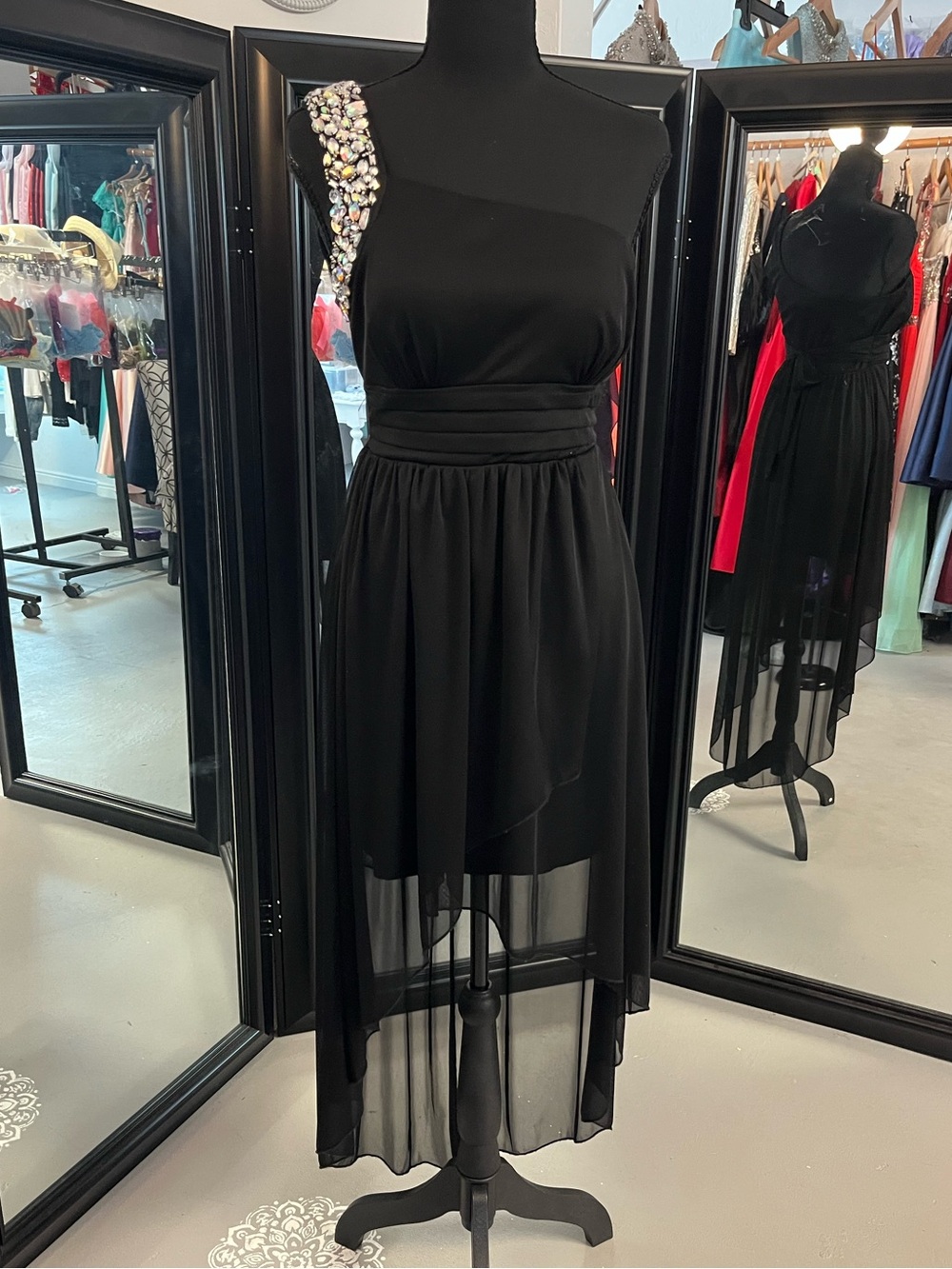 Deb Black One-Shoulder High-Low Dress with Jeweled Strap
